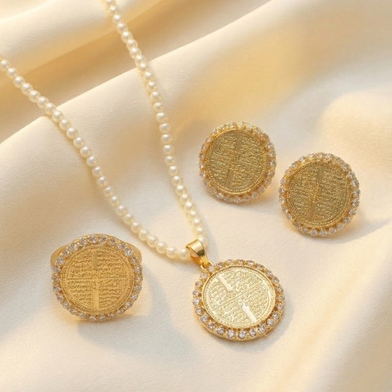 Char Qul Locket Set – 22K Gold Plated | 3 - Piece Islamic Jewellery Set | Earrings, Pendant & Ring - Riwaaj