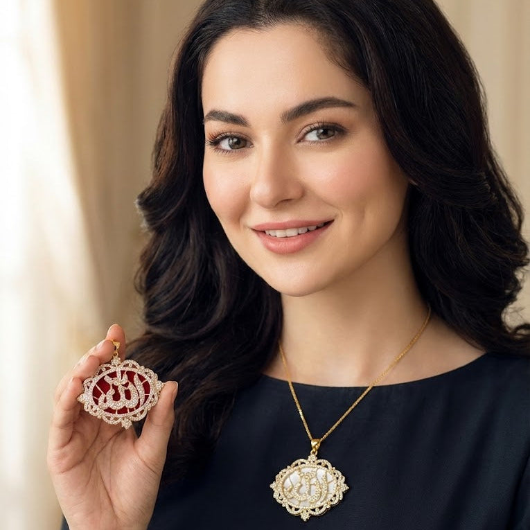 Elegant gold-plated Allah pendant with sparkling zircon stones.
