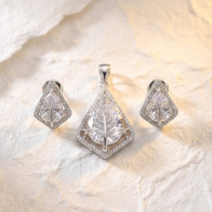 Silver Plated Leaf Teardrop Jewelry Set - Pendant & Earrings