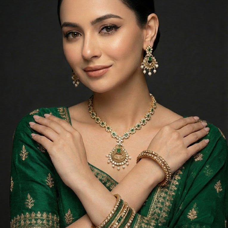 Star & Moon Floral Link Necklace Set - Gold Plated - Riwaaj