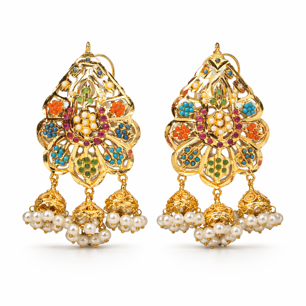 Multi Navratan Jhumka Earrings - Gold Plated with Ruby & Emerald