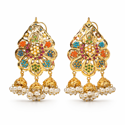 Multi Navratan Jhumka Earrings - Gold Plated with Ruby & Emerald