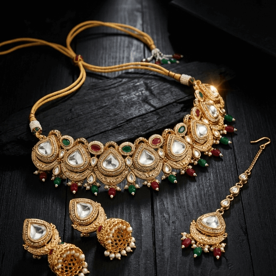 Royal Ambi Kundan Set - Choker Necklace Jhumka Earrings & Tikka - Riwaaj