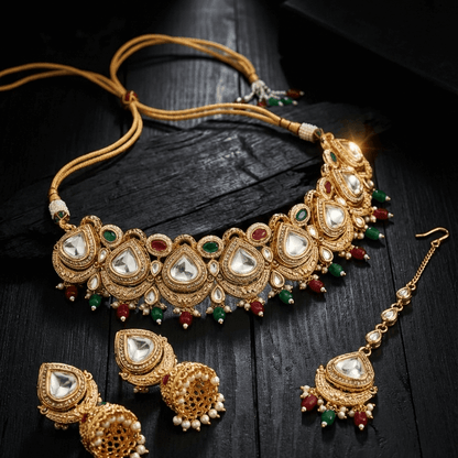Royal Ambi Kundan Set - Choker Necklace Jhumka Earrings & Tikka - Riwaaj