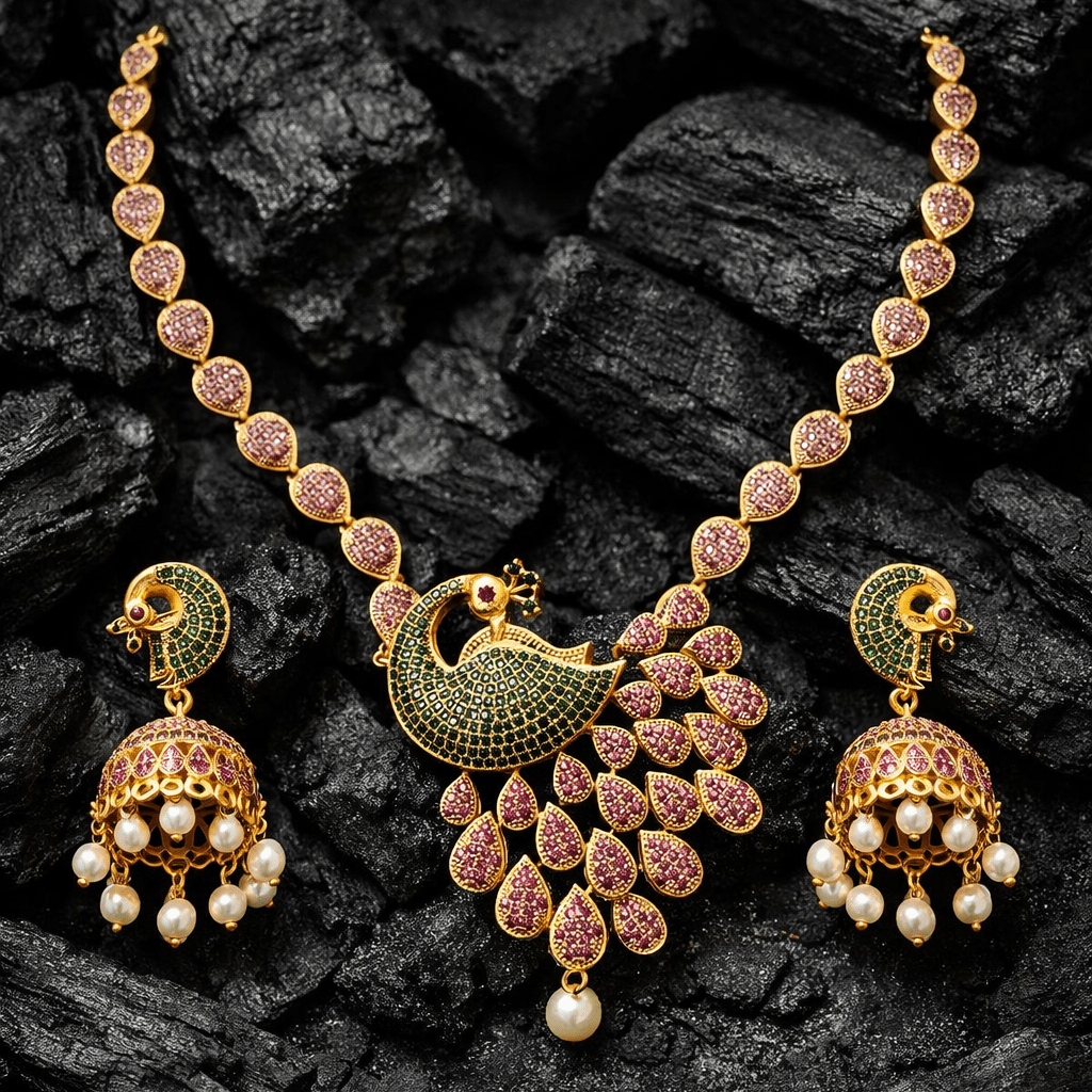 Royal Peacock Necklace Set with Jhumka Earrings - Gold Plated Heritage Jewelry - Riwaaj