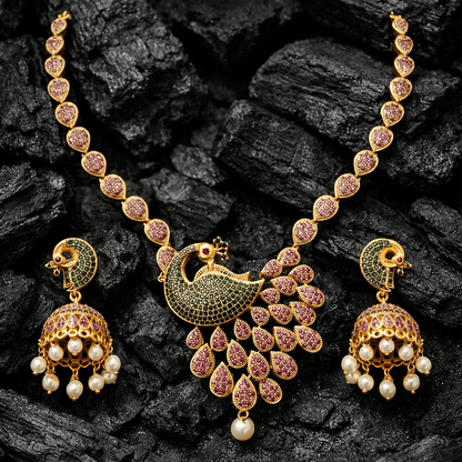 Royal Peacock Necklace Set with Jhumka Earrings - Gold Plated Heritage Jewelry - Riwaaj