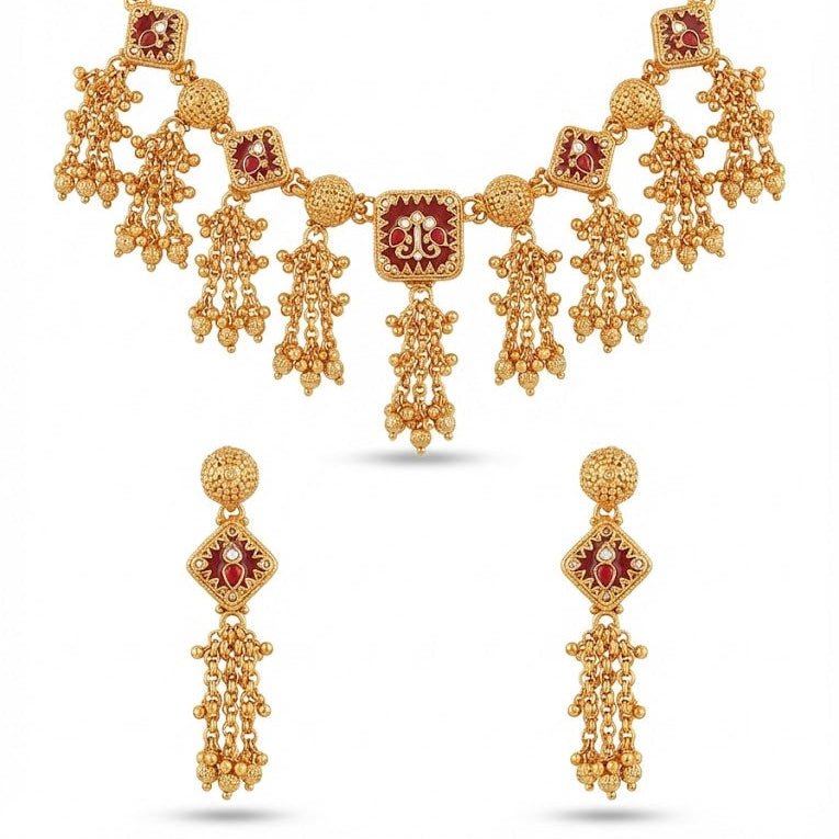 Luminous Meenakari Enamel Jewelry Set with Tassel Earrings - Gold Plated - Riwaaj