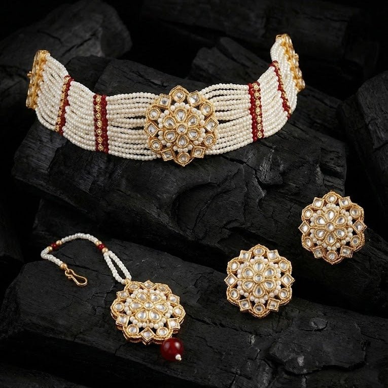 Layered Pearl Choker Set - Gold Plated Kundan Jewelry - Riwaaj