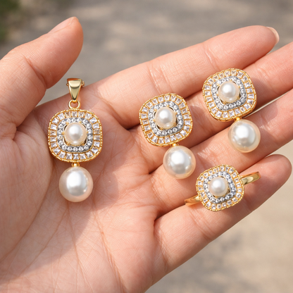 Zirconia Pearl Locket Set - Gold Silver Plated Pendant Earrings Ring