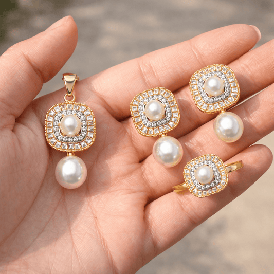 Zirconia Pearl Locket Set - Gold Silver Plated Pendant Earrings Ring - Riwaaj