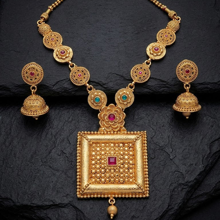 Square Pendant Necklace & Jhumki Earring Set – 22K Gold Plated | Handcrafted Stone |