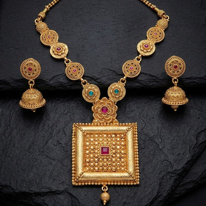 Square Pendant Necklace & Jhumki Earring Set – 22K Gold Plated | Handcrafted Stone |