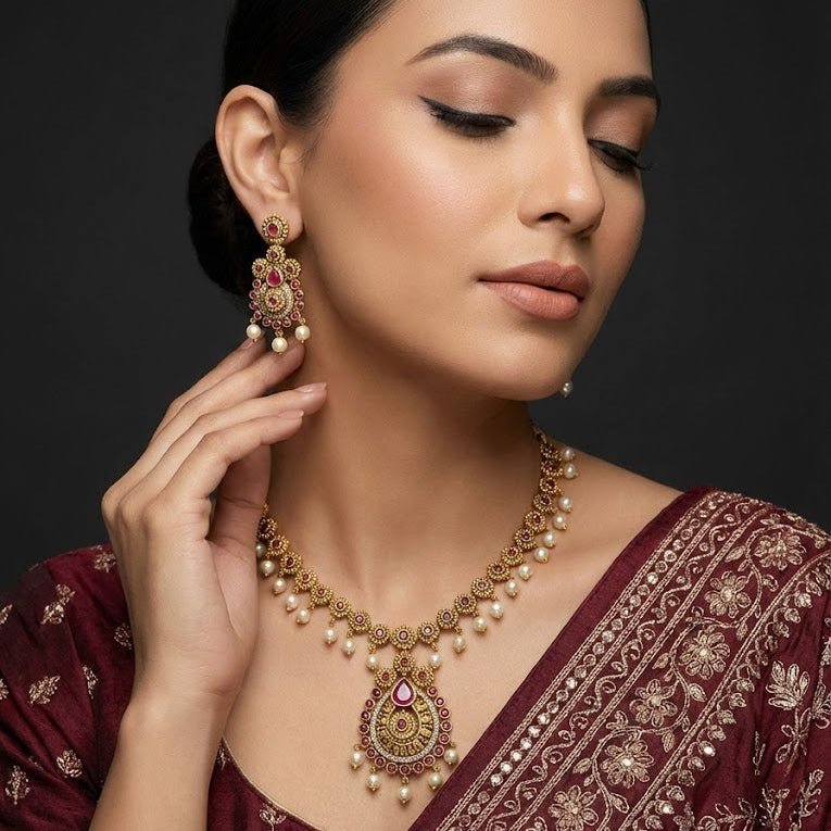 Heritage Crescent Moon Long Chain Necklace Set with Pearl Drops - Gold Plated - Riwaaj