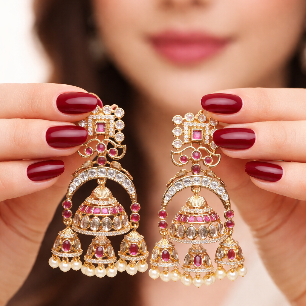 Gul-e-Noor Triple Jhumki Earrings – Gold Floral Ruby & Pearl Drops