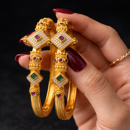 Geometric Motif Bangle Pair – 22K Gold Plated | Ruby & Emerald Stone
