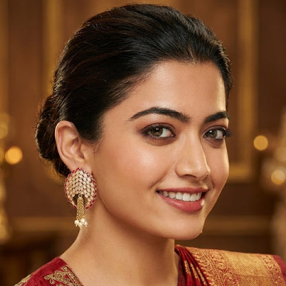 Gold Plated Statement Tassel Earrings with Pearls & Marquise Stones