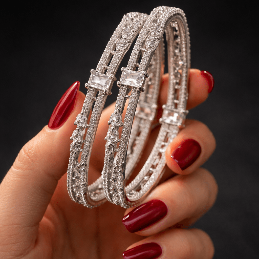 Hoorain Zirconia Bangles - 22K Silver Plated Diamond - Cut Bracelets - Riwaaj