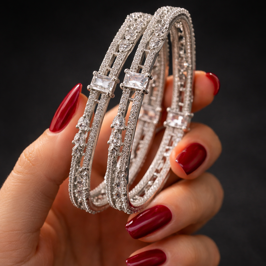 Hoorain Zirconia Bangles - 22K Silver Plated Diamond-Cut Bracelets