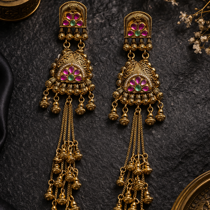Noor Kashmiri Long Earrings – 22K Dull Gold Handmade Statement Drops