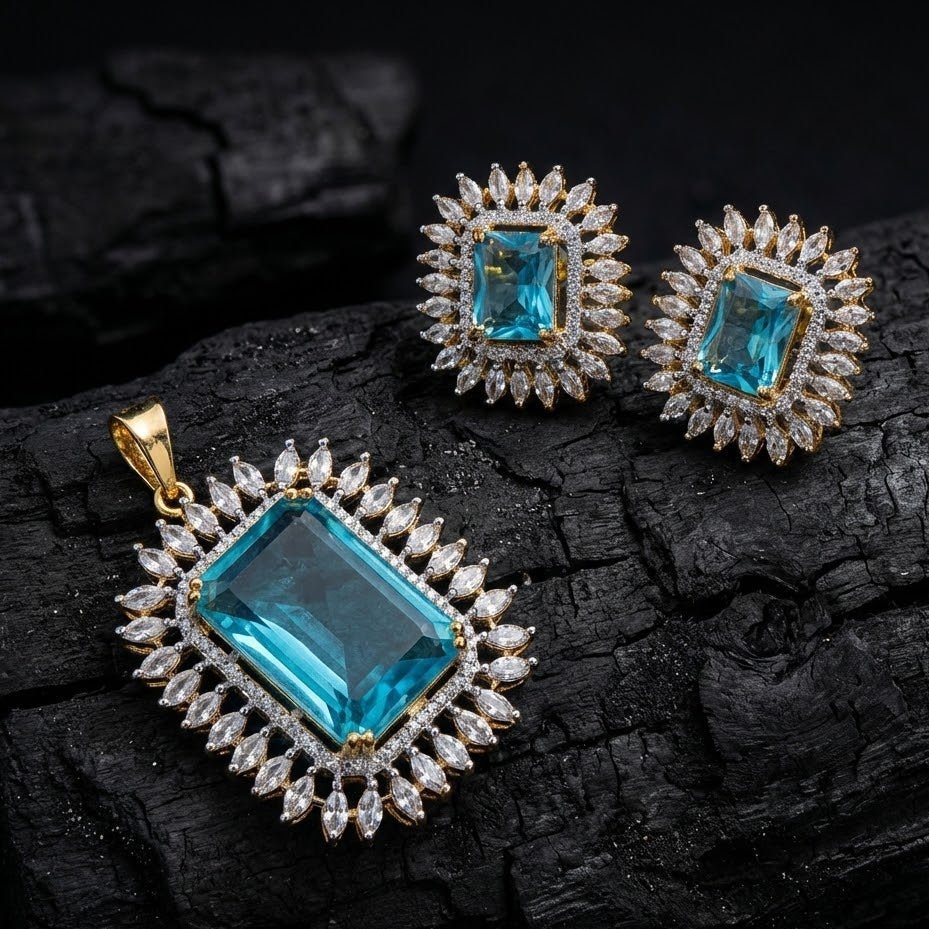 Celestial Glow Pendant Set - Rhodium Plated Zirconia Necklace & Earrings - Riwaaj