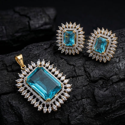 Celestial Glow Pendant Set - Rhodium Plated Zirconia Necklace & Earrings - Riwaaj