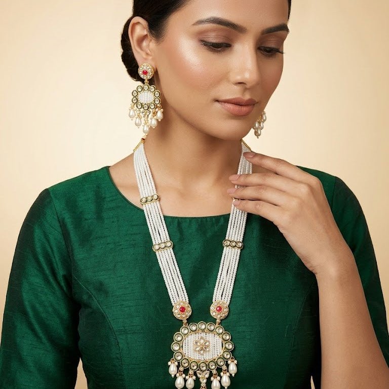 Kundan Floral Pearl Maala Necklace & Pearl Drop Earring Set – 22K Gold Plated - Riwaaj