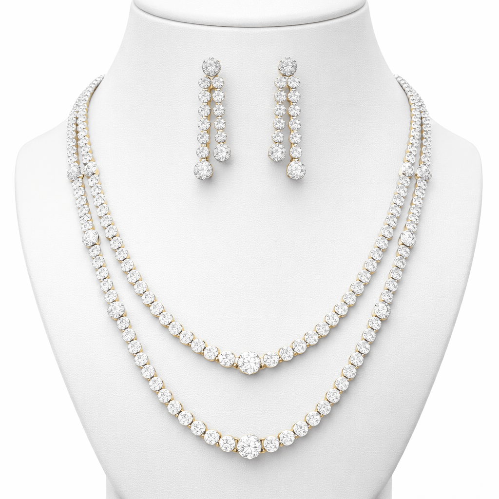 Crystal Glitz Multi - Strand Necklace Set - Silver Plated Luxury Jewelry - Riwaaj