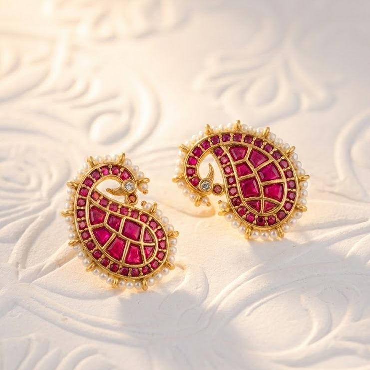 Gold Plated Paisley Drop Earrings with Ruby Pink Stones & Pearls