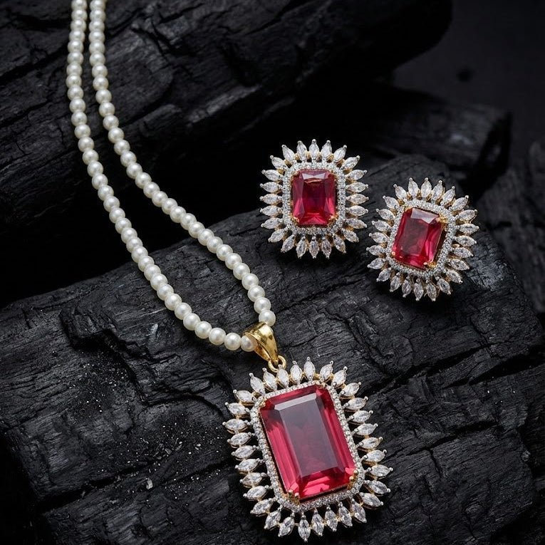 Celestial Glow Pendant Set - Rhodium Plated Zirconia Necklace & Earrings - Riwaaj