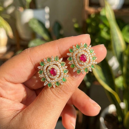 Gold Plated Sunburst Floral Stud Earrings with Multi - Color Zirconia - Riwaaj