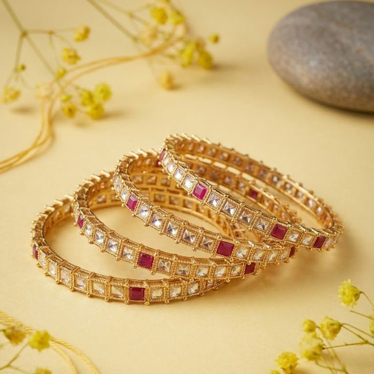 Gold Plated Square - Cut Bangle Set - 4 Piece with Ruby & Crystal Stones - Riwaaj