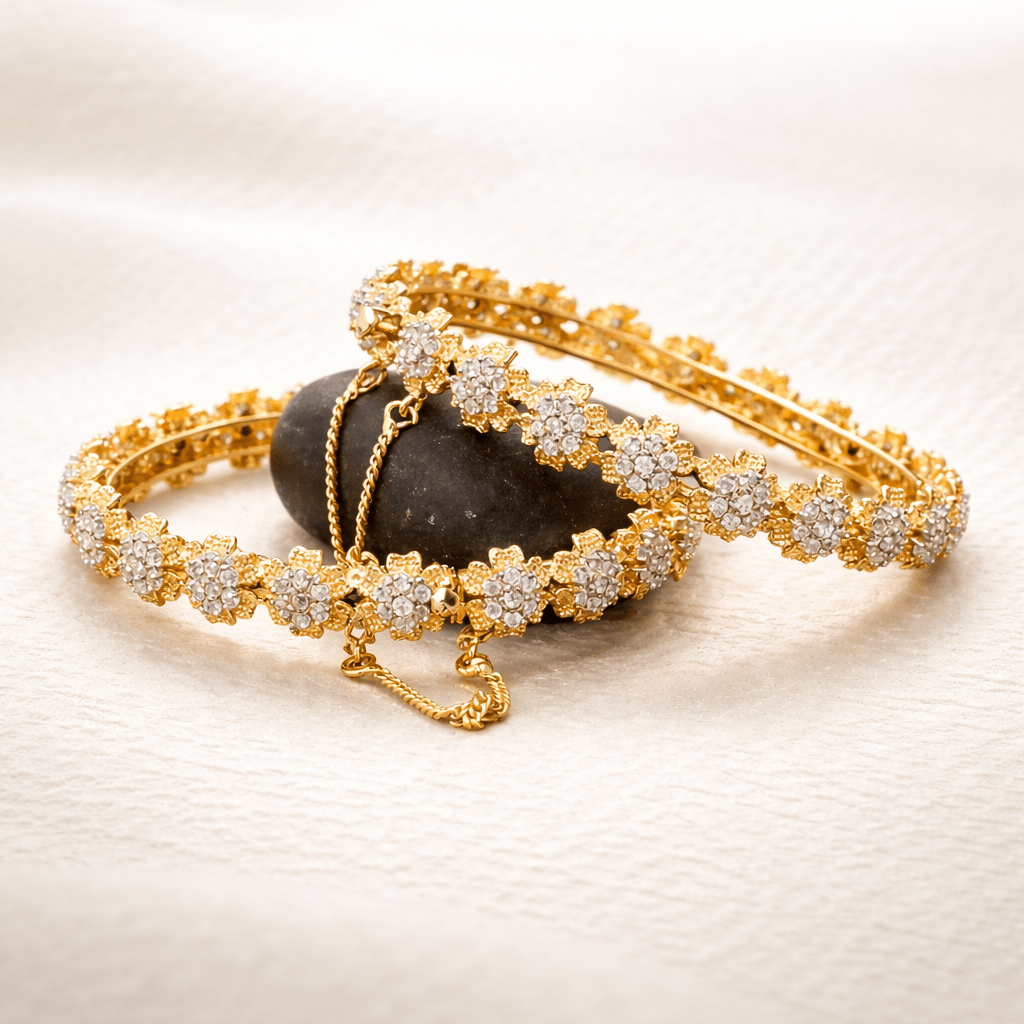 22K Gold Plated Zirconia Bangle | Adjustable Cuff Bracelet - Riwaaj