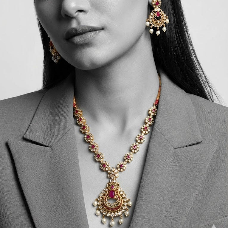 Star & Moon Floral Link Necklace Set - Gold Plated - Riwaaj
