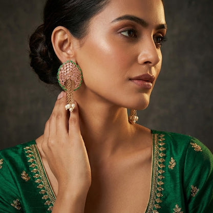 Gold Plated Statement Tassel Earrings with Pearls & Marquise Stones