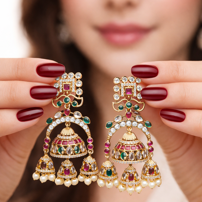 Gul-e-Noor Triple Jhumki Earrings – Gold Floral Ruby & Pearl Drops