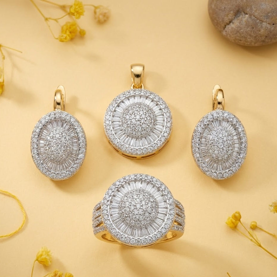 Gold & Silver Plated Oval Halo Jewelry Set - Pendant, Ring & Earrings