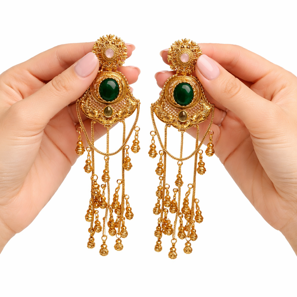 Sabz Kashmiri Long Earrings – 22K Dull Gold Handmade Statement Drops