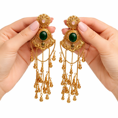 Sabz Kashmiri Long Earrings – 22K Dull Gold Handmade Statement Drops