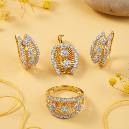Gold & Silver Plated Sunburst Jewelry Set - Pendant, Ring & Earrings