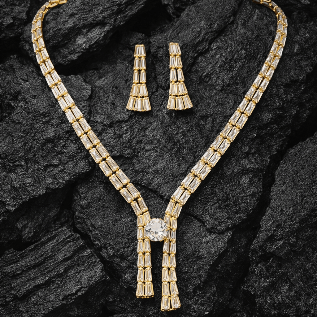 Crystal Baguette Fringe Jewelry Set - Contemporary Gold or Silver Plated - Riwaaj