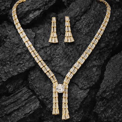 Crystal Baguette Fringe Jewelry Set - Contemporary Gold or Silver Plated - Riwaaj