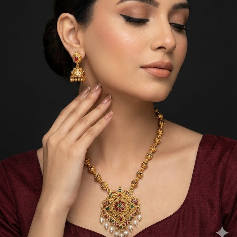 Royal Long Chain Necklace Set with Jhumka Earrings - Filigree Antique Gold