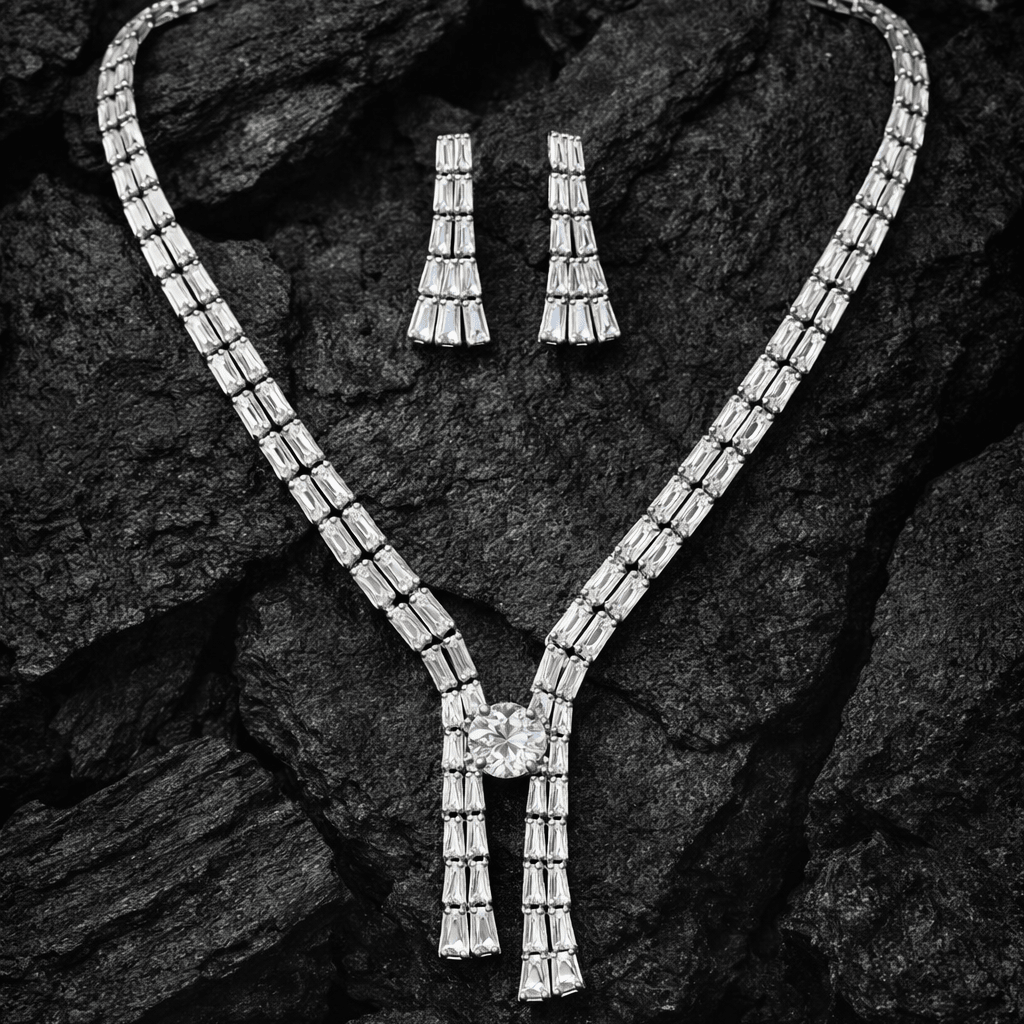 Crystal Baguette Fringe Jewelry Set - Contemporary Gold or Silver Plated - Riwaaj