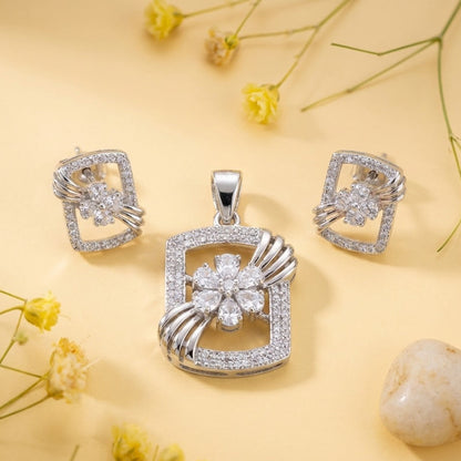 Silver Plated Floral Pendant & Earring Set with Zirconia Stones