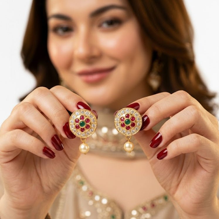 Gold Plated Floral Pearl Drop Earrings with Emerald & Ruby Stones - Riwaaj