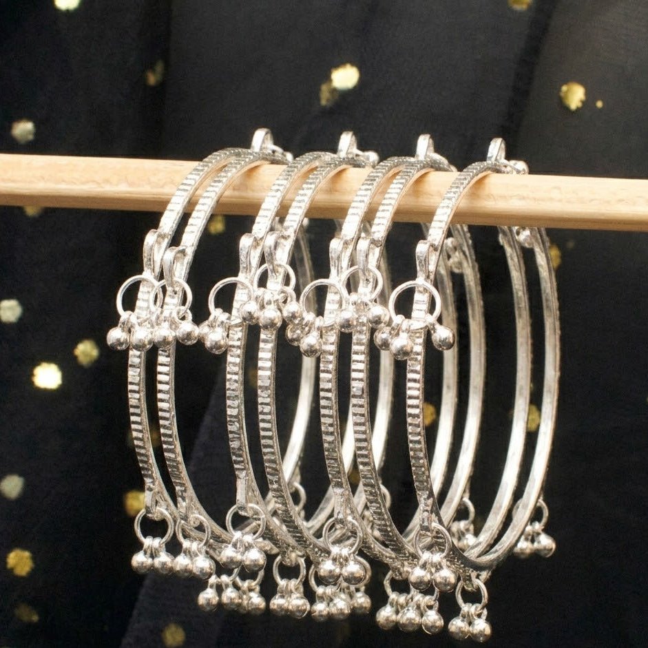 Silver Kashmiri Ghungroo Charm Bangle Set – 22K Gold Plated | Set of 4 | - Riwaaj