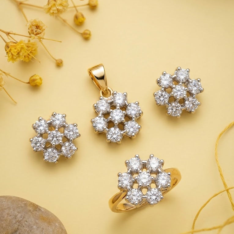 Dual Tone Floral Jewelry Set with Zirconia Stones - 3 Piece