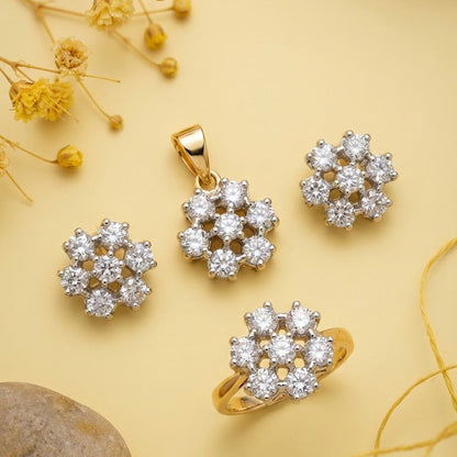 Dual Tone Floral Jewelry Set with Zirconia Stones - 3 Piece