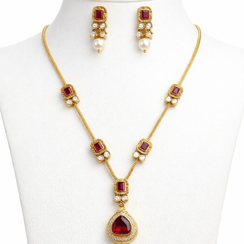 Modern Teardrop Pendant Necklace Set - Contemporary Gold Plated Jewelry - Riwaaj