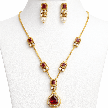 Modern Teardrop Pendant Necklace Set - Contemporary Gold Plated Jewelry - Riwaaj